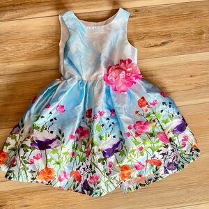 Girls Size 4 Floral Satin Party Dress -Blue Watercolor Wildflower w/ Pink Flower